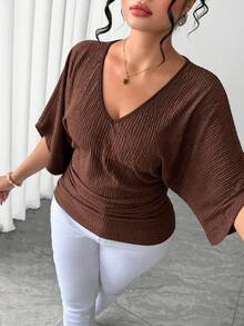 Elenzga Kaos Kasual Modis Gaya Retro Prancis untuk Liburan, Elegan, Cocok untuk Perjalanan, Leher V, Lengan Raglan, Pinggang Terikat, Bahan Bertekstur - Coklat - View 6