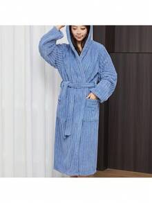 1件珊瑚绒立体玳瑁纹帽子浴袍，长度130厘米/51.18英寸，男女通用，增高款，男女居家睡袍，家居服，晨衣，柔软舒适，吸水性强，酒店美容院自用礼品 - 藏蓝色 - 查看 2