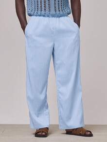 Musero Loose Fit Lightweight Elasticated Drawstring Waistband Pinstripe Trouser Bottoms Spring Summer Essentials Holiday - Blue and White - View 2