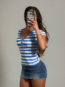 EgrlEra Women's Button-Up V-Neck Short Sleeve Striped T-Shirt - Multicolor - View 5