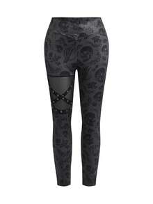 ROMWE Grunge Punk Quần legging lưới đinh tán họa tiết hoa hồng gợi cảm Punk cỡ lớn - màu đen - Xem 1