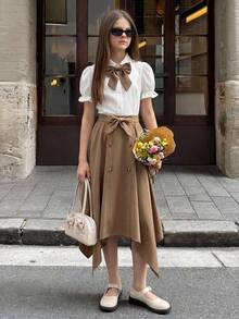 SHEIN Elladie kids 2件套少女串珠蝴蝶结优雅露脐上衣和裙子套装，适合生日派对、宴会、舞会、晚礼服、花童、伴娘、毕业典礼、选美比赛、节日庆典等场合。 - 彩色 - 查看 1