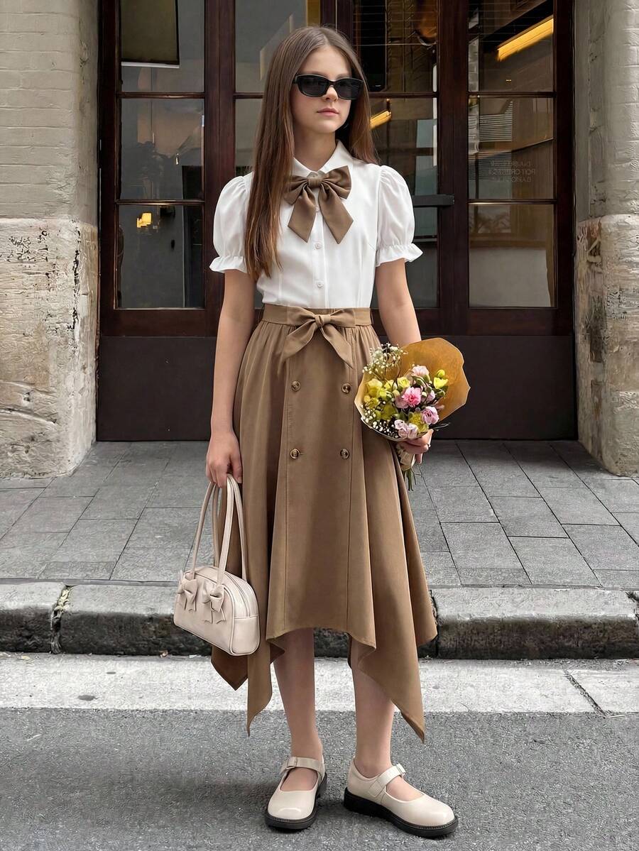 SHEIN Elladie kids 2件套少女串珠蝴蝶结优雅露脐上衣和裙子套装，适合生日派对、宴会、舞会、晚礼服、花童、伴娘、毕业典礼、选美比赛、节日庆典等场合。 - 彩色 - 查看 1