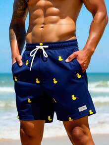 Surfspeed Plus Size Men's Cartoon Duck Print Slant Pocket Beach Shorts - Navy Blue - View 5