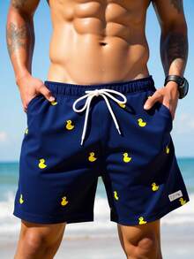 Surfspeed Plus Size Men's Cartoon Duck Print Slant Pocket Beach Shorts - Navy Blue - View 6