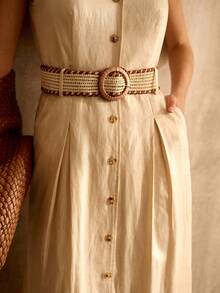 MOTF PREMIUM WOMEN'S TENCEL LINEN A-LINE BELTED DRESS - Khaki - View 2