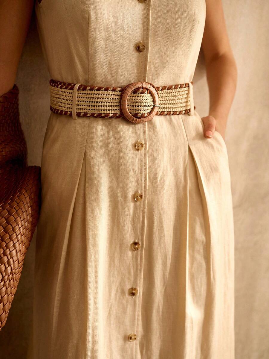 MOTF PREMIUM WOMEN'S TENCEL LINEN A-LINE BELTED DRESS - Khaki - View 2