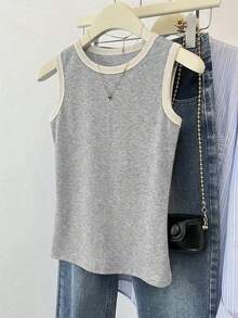 INAWLY Women's Casual Versatile Contrast Trim Round Neck Camisole For Summer - Grey - View 4