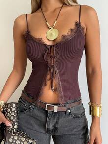 SHEIN EZwear Áo dệt kim hai dây buộc phía trước phối ren tương phản dành cho nữ, thích hợp cho kỳ nghỉ hè. - Cà phê nâu - Xem 6