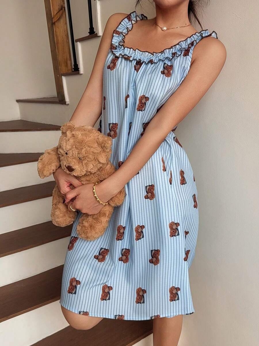 Napfluff Áo ngủ dáng chữ A cổ tròn, họa tiết sọc kẻ hình gấu dễ thương dành cho nữ, có bèo nhún. - Nhiều màu - Xem 1