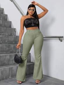 Slaydiva Plus Size Women Distressed Flare Jeans - Green - View 4