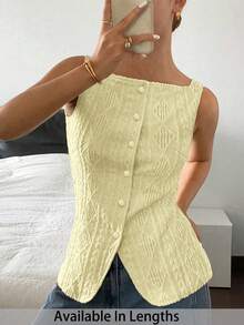 SHEIN PETITE CURVE Chaleco casual de mujer de talla grande con textura geométrica y abotonadura sencilla - Amarillo claro - Ver 9