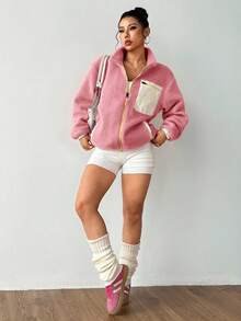 Exploreva Women's Casual Everyday Zip-Up Stand Collar Drop Shoulder Sports Jacket - Baby Pink - View 3
