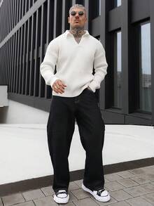Artur Kramer 男士罗纹高领毛衣，休闲宽松套头针织衫，适合秋冬季节，长袖上衣 - 杏色 - 查看 3