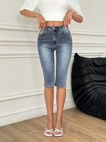 SHEIN Women's Slit Hem 3/4 Stretch Skinny Casual Street Wear Jeans, Retro Chic Travel Blue Summer - Medium Wash - View 4