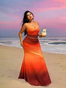 Sunnyshic Plus Size Fashion Ombre Cowl Neck Top And Fish Tail Skirt 2 Pieces Set, Suitable For Beach Vacation - Purple - View 3