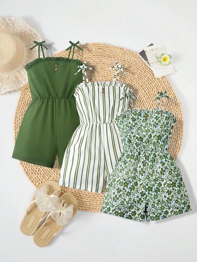 SHEIN Genkimix Kids 3pcs/Set Girls (Plus Size) Casual Vacation Cute Floral Striped Solid Color Romper Suitable For Multi-Child Families, Beach Vacation, Outdoor Play, School
