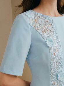 Anewsta French Elegant Solid Color Round Neck Short Sleeve Lace Patchwork Semi-Sheer Waist Cinched Women Dress - Sky Blue - View 6