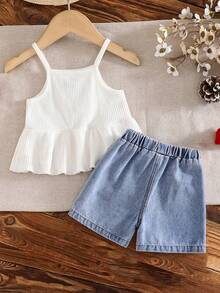 Cozy Pixies Bộ đồ 2 món dễ thương cho bé gái gồm áo hai dây và quần short denim họa tiết dâu tây. - trắng - Xem 2