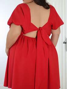 Pretty and Ole Robe de Princesse Minimaliste Romantique grande taille Printemps/Été, Col Rond unicolore, Style Campus, Vacances, Saint Valentin, Pâques, Mariage, Dos Ajouré, Manches Lanterne et nœud - Rouge - Voir 3