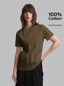 Ontre 2026 SS Neue Damen Einfarbig Minimalistisch Casual, Rundhals Kurzarm T-Shirt, Khaki Kurzarm, Locker Lässiges T-Shirt, geeignet für Valentinstag, Sommerkleidung, Business Casual Damenbekleidung, Damen Urlaub Strand, Geburtstagsparty, Lehrerin Outfit, Rückkehr zur Schule Basis Top - Braun - Übersicht 6