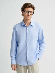 MENRIVO Solid Color Front Button Long Sleeve Shirt, For Fall - Baby Blue - View 5