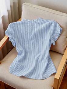 INAWLY Áo sơ mi nữ tay ngắn cổ bèo, cài một hàng khuy, kẻ sọc - Màu xanh lam - Xem 2