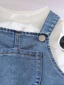 1pc Young Boy Retro American Style Denim Bib Shorts With Large Pockets Graphic Prints Summer Back-To-School Daily Wear Music Festivals Baby Blue - Blue - View 5
