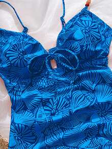 Swim Vcay 女士随机贝壳印花串珠抽绳连体泳衣，橙色，适合夏季海滩度假 - 寶藍色 - 查看 6