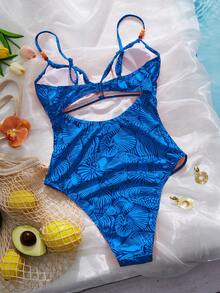 Swim Vcay 女士随机贝壳印花串珠抽绳连体泳衣，橙色，适合夏季海滩度假 - 寶藍色 - 查看 7