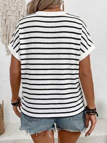EMERY ROSE New Arrival Women's Fashion Casual Versatile Striped Waffle Short Sleeve T-Shirt - Multicolor - View 2