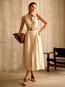 MOTF PREMIUM WOMEN'S TENCEL LINEN A-LINE BELTED DRESS - Khaki - View 1