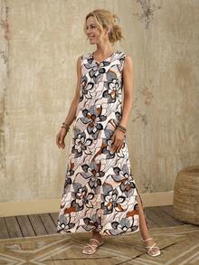 EMERY ROSE 女士休闲树叶图案V领长连衣裙，适合秋夏季穿着 - 彩色 - 查看 7