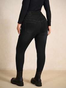 Elaquor Quần jeans nữ cỡ lớn dáng ôm, cài cúc phía trước, có túi, kiểu dáng thường ngày, đa năng. - màu đen - Xem 2