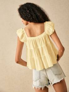 SHEIN Frenchy 女士纯色方领荷叶袖宽松可爱衬衫 - 淡黃色 - 查看 2