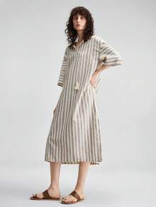 Ontre Blue And White Striped Tassel Tie-Up Short Sleeve Side Slit Summer Casual Vacation Women's Dress Elegant Minimalist Urban Commute Beach Holiday Party - Multicolor - View 6