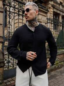 Artur Kramer 男士纯色纽扣衬衫修身长袖纯黑色波西米亚风衬衫，适合丈夫，秋季 - 黑色 - 查看 1