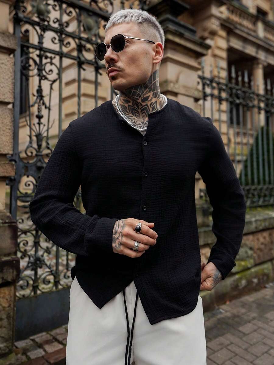 Artur Kramer 男士纯色纽扣衬衫修身长袖纯黑色波西米亚风衬衫，适合丈夫，秋季 - 黑色 - 查看 1