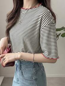 FRIFUL Women's Wavy Striped Loose Contrast Trim Short Sleeve T-Shirt, Summer Casual Wear - Red - View 4