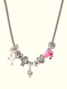 Popjeli 1pc Cherry Charm Necklace, Renaissance Teddy Bear Necklace, Cherry #8 Billiard Ball Necklace, Rhinestone Pentagram & Donut Ice Cream Pendant Necklace, Vintage Necklace - Pink - View 2