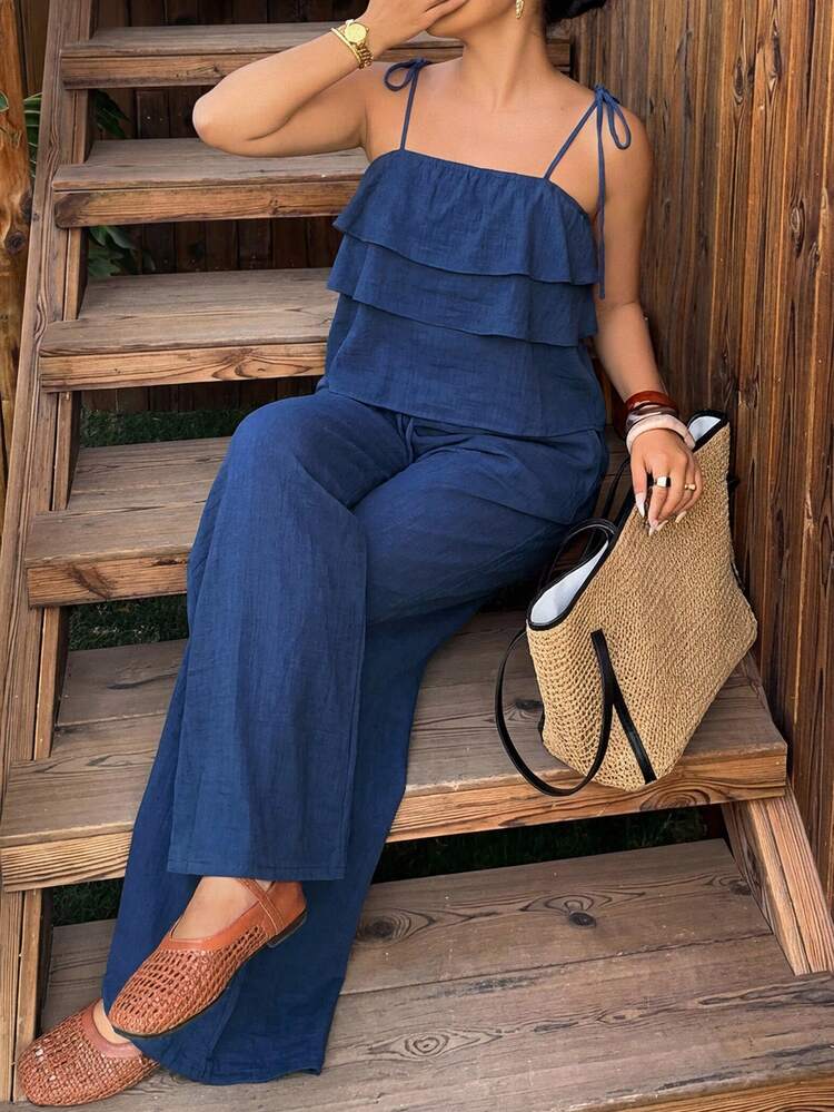 Dazy Plus 2pcs/Set Women's Fashion Ruffled Crop Camisole & High Waist Tie Waist Wide Leg Pants, Casual Plus Size Summer Holiday Outfit