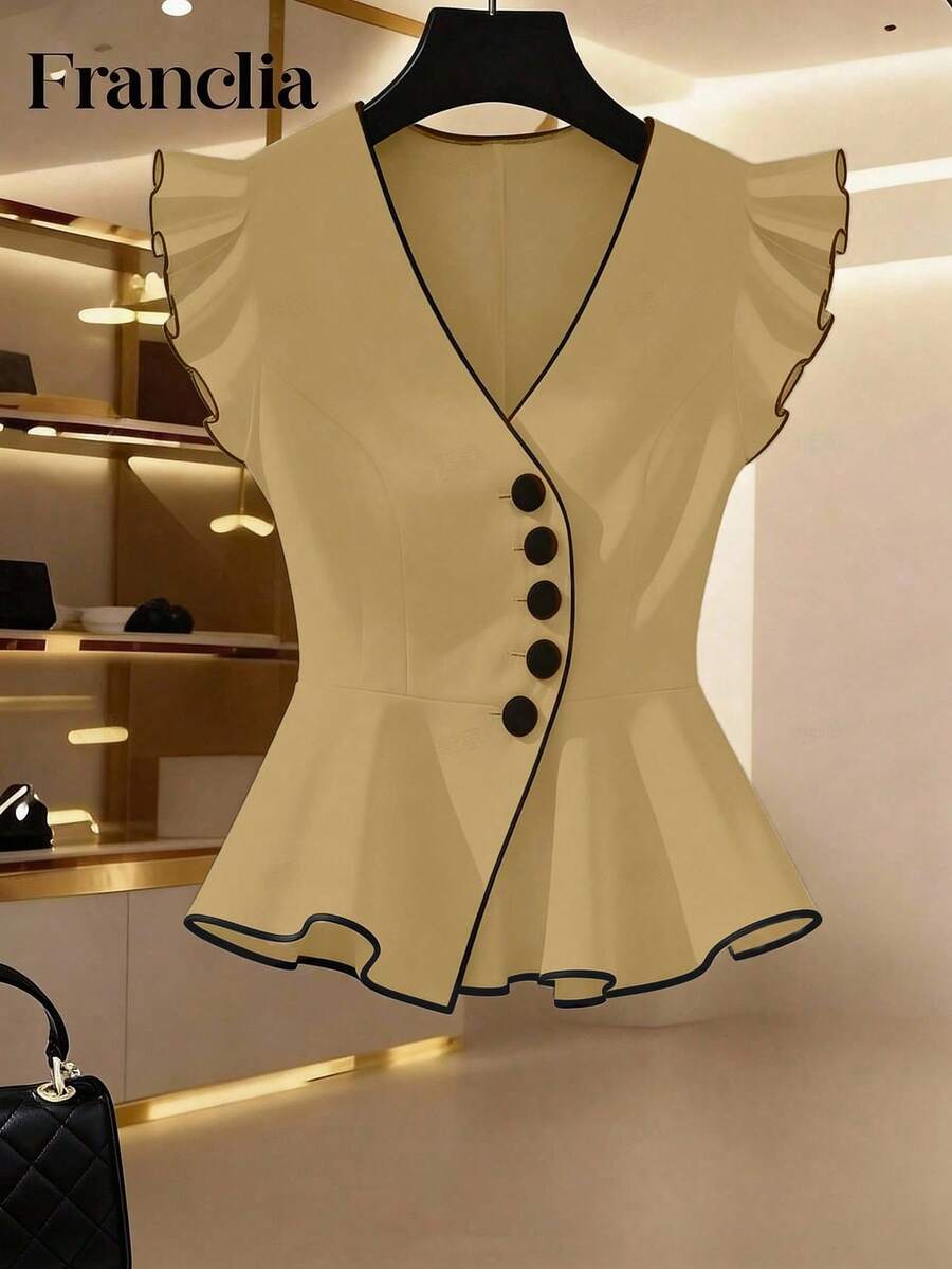 Franclia Elegant Pastal Summer Women's Blouse, Semi Formal Stylish Fitted Waist Shirt With Piping Design For Everyday Wear, Dates Golf, Commuting - Champagne - View 1