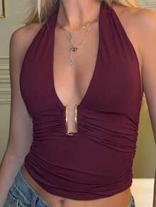 Theaadoraa Parte superior sin espalda con botones metálicos decorativos de unicolor morado, elegante y sexy para fiesta de Año Nuevo para mujeres - Rojo violeta - Ver 3