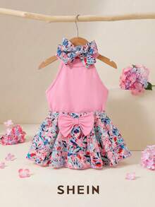 SHEIN Baby Girl Solid Color & Graphic Print Bow Decor Skirt Set - Pink - View 11