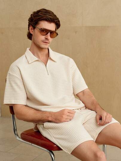 MENRIVO 男士紋理短袖上衣和短褲，夏季二件套