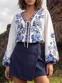 CAJUNI 女士春秋季休闲度假印花灯笼袖系带衬衫 - 米色 - 查看 5