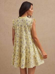 WESTFADE Đầm ngắn không tay in họa tiết hoa nhí, cổ cao giả, xếp ly, thắt nơ phía trước, buộc dây, kiểu phương Tây dành cho nữ. - Vàng nhạt - Xem 2