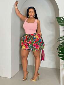Slaydiva Setelan 2 Potong Wanita Ukuran Plus: Atasan Tank Slim Motif Bunga Pink, Musim Panas, Boho, Liburan & Celana Pendek Berlapis Ruffle Motif Tanaman Tropis, Pakaian Kasual Sehari-hari - Berwarna merah muda - View 3