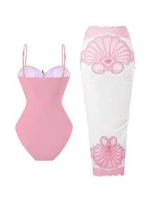 Swim Oasis Bộ đồ bơi liền thân dáng suông, xếp ly, ôm sát, họa tiết sao biển khoét rỗng, dành cho nữ, thích hợp cho kỳ nghỉ hè ở bãi biển, kèm váy maxi buộc dây. - Hồng - Xem 2