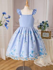 SHEIN Tween Girls' Summer Mesh Patchwork Floral Embroidery Dress - Blue - View 2